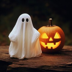 Poster - A white ghost stands beside a glowing jack-o-lantern on a rustic wooden surface, symbolizing Halloween, spooky fun, autumn, tradition, and the supernatural.