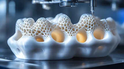 Aufkleber - 3D printed object close up, abstract design with intricate details, white plastic.