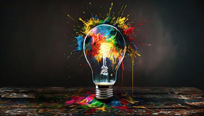 Wall Mural - Creative light bulb, on rustic wooden old table, exploded with colorful paints and splashes on a dark background.