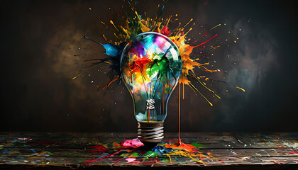 Wall Mural - Creative light bulb, on rustic wooden old table, exploded with colorful paints and splashes on a dark background.