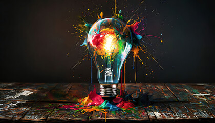 Wall Mural - Creative light bulb, on rustic wooden old table, exploded with colorful paints and splashes on a dark background.