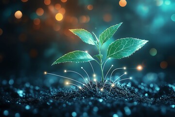 Poster - A sprout growing in the dark with glowing lights.