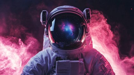 Poster - An astronaut in a white suit, a helmet reflecting a vibrant nebula, stands against a backdrop of pink smoke, symbolizing exploration, wonder, the cosmos, dreams, and the unknown.