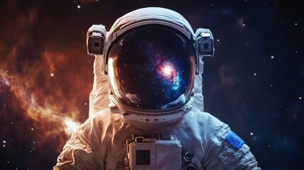 Wall Mural - An astronaut looks out into the vastness of space, his helmet reflecting the colorful beauty of the Milky Way galaxy.  The image symbolizes exploration, discovery, the unknown,  dreams, and the vastne