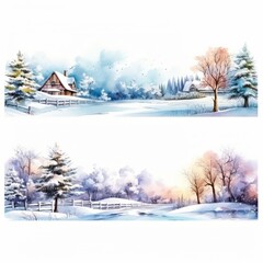 Two watercolor winter landscape paintings featuring snowy scenes with houses, trees, and fences.