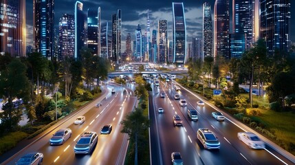 Nighttime view of a highway with traffic flowing through a modern city with skyscrapers.