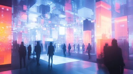 Poster - Silhouettes of people walking through a futuristic cityscape with neon lights, symbolizing urban life, technology, progress, community, and exploration.