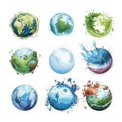 Nine watercolor-style planets with different colors and textures.