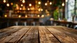 © adri - Close-up of Rustic Wooden Tabletop with Blurry Cafe Background