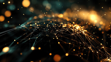 The image features an abstract network of interconnected lines and points, interspersed with glowing orbs of light in tones of gold and teal. The background is dark, creating a stark contrast that enh