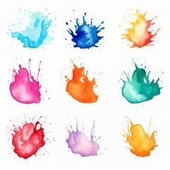 Wall Mural - Nine colorful watercolor paint splatters isolated on white background.