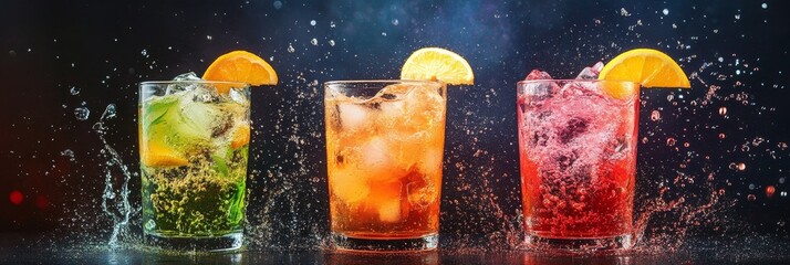 Poster - Three colorful cocktails with citrus fruit and ice, symbolizing summer, refreshment, celebration, relaxation, and indulgence.