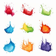 Wall Mural - Nine colorful splashes of liquid isolated on white background.