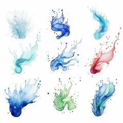 Wall Mural - Nine abstract watercolor paint splashes in various colors and shapes on a white background.