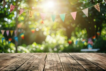 Wooden Tabletop with Colorful Flags and Blurred Green Background