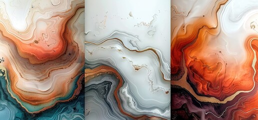 Abstract liquid art design with three different color schemes and unique textures. Perfect for backgrounds, wallpapers and digital art.