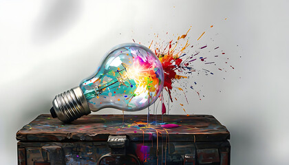 Wall Mural - Creative light bulb, on rustic wooden toolbox, exploded with colorful paints and splashes on a white background. Creativity thinking concept