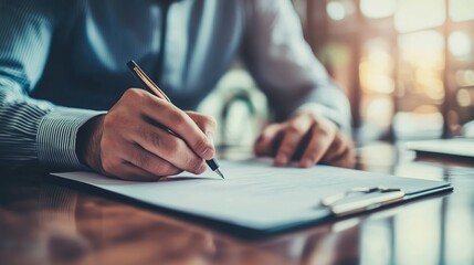 Poster - Close-up of businessman writing in notepad at table in office. Real Estate Concept with copy space. Home sales and home insurance concept.