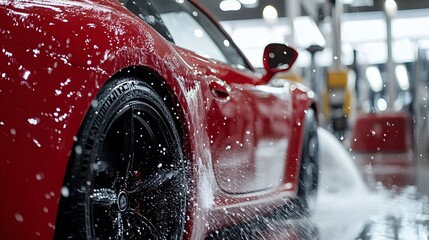 Red Car Being Washed with Water Spray