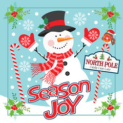 Wall Mural - Christmas card design with snowman and candy cane