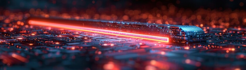 a futuristic glowing sword rests on a textured surface, radiating vibrant red light and reflecting i