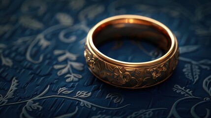 A golden wedding ring on a rich navy blue background, focusing on the ring's intricate engravings and the symbol of eternal love.