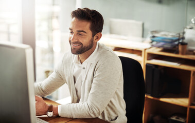 Aufkleber - Businessman, desktop computer and corporate with research, connection and concentration in financial firm. Male person, professional and technology for workload, deadline and administration in office