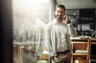 Poster - Businessman, phone call and office with networking, talking or communication for investment opportunity. Male person, technology and conversation for workload, deadline or administration in corporate