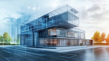 Wall Mural - Modern glass building with blueprint overlay,  surrounded by trees and a clear sky.