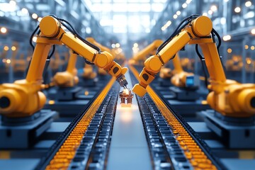 Poster - Automated factory robotic arms on a production line.