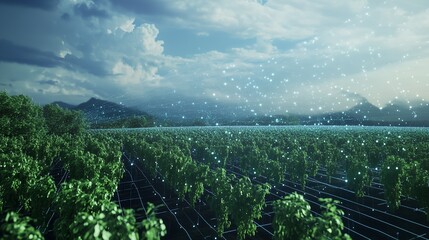 A field of crops with glowing lines in the sky and blue dots.