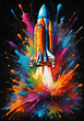 © IAKCreatives - Creative space rocket exploded with colorful paints and splashes on a dark background. Creativity thinking concept