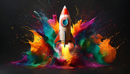 Wall Mural - Creative space rocket exploded with colorful paints and splashes on a dark background. Creativity thinking concept