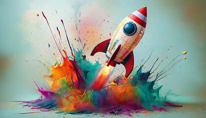 Wall Mural - Creative space rocket exploded with colorful paints and splashes on a pale bluish background. Creativity thinking concept