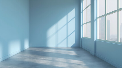 Wall Mural - empty room with pastel blue walls, large windows casting soft shadows