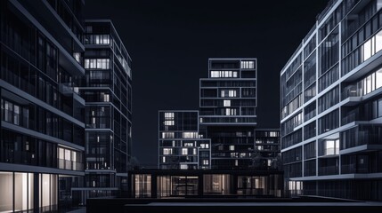 Wall Mural - Modern apartment buildings at night with lights on in the windows.