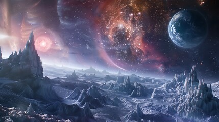 Breathtaking view of a distant icy planet with towering rock formations. A ringed sun and a blue planet adorn the sky, creating a captivating celestial scene.