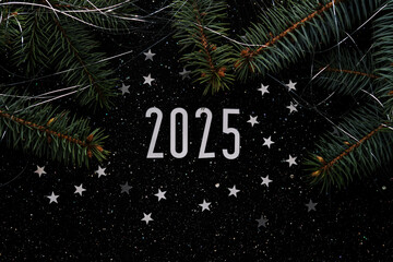 Wall Mural - new year 2025 dark background. number of the coming year in christmas decoration.