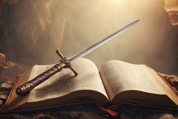 Bible sword concept,As the pages of the bible turn, a sword materializes, its handle wrapped in leather and its blade etched with ancient runes, a symbol of strength and faith in the face of darkness.