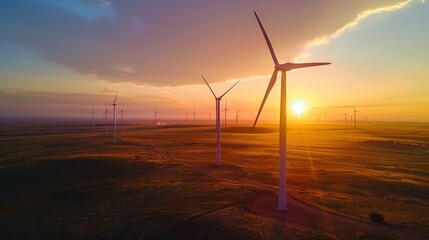 Dynamic aerial view of a wind farm at sunset the turbines standing tall against the radiant backdrop