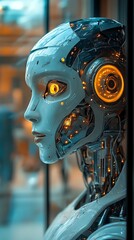 Aufkleber - Close-up of a robotic head with glowing orange eyes.