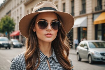 Outdoor fashion photo of young beautiful lady in hat and sunglasses