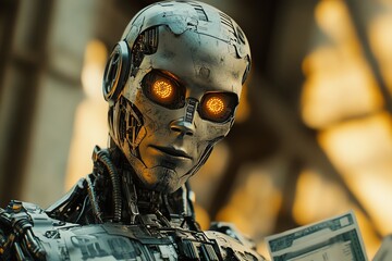 Aufkleber - Close-up of robotic face with glowing eyes.
