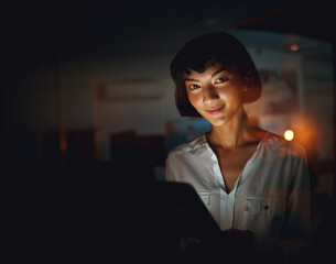 Poster - Portrait, night and woman with tablet, smile and happy with technology, deadline and schedule. Face, evening and creative agency with journalist, design project and office with internet and app