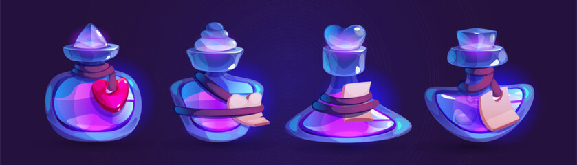 Aufkleber - Magic glowing love potion in heart shaped glass bottle with labels. Cartoon vector game assets of medicine flask with chemistry elixir or perfume. Fantasy liquid aphrodisiac or poison in beaker.