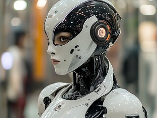 Aufkleber - Closeup of a female robot with a sleek white and black helmet.