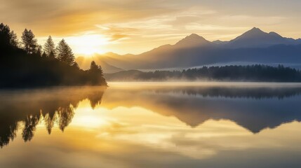 Wall Mural - serene curved lakeshore reflects golden sunrise misty mountains in distance