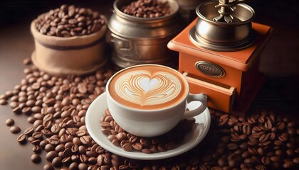 Steaming coffee, A steaming cup of latte art coffee resting on a wooden surface, surrounded by coffee beans