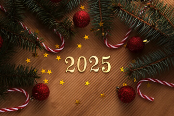 Wall Mural - new year 2025 beige background. number of the coming year in christmas decoration.