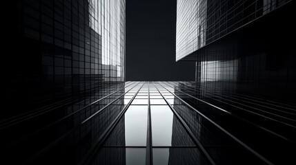 Wall Mural - Low angle view of a modern building's glass facade reflecting the sky.